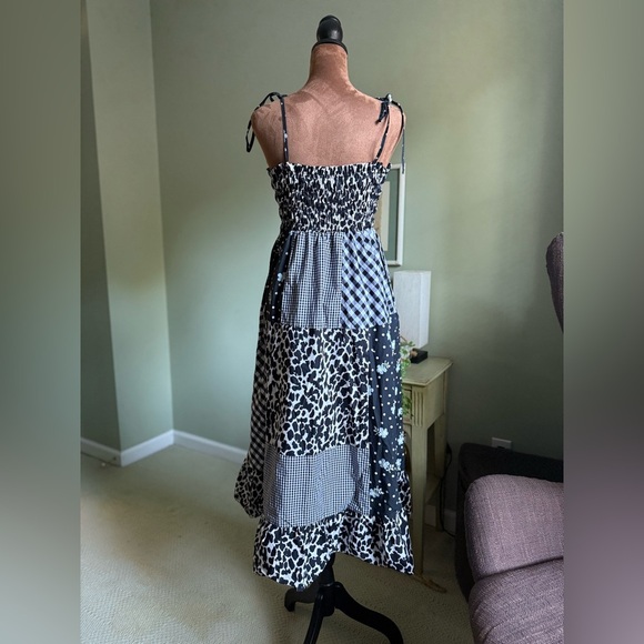 Black and White Multi Pattern Cotton Smocked Midi Dress with tying straps - Picture 7 of 8